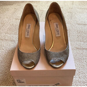 JIMMY CHOO | Gold Silver Glitter Peep Toe Wedge Heels 8.5